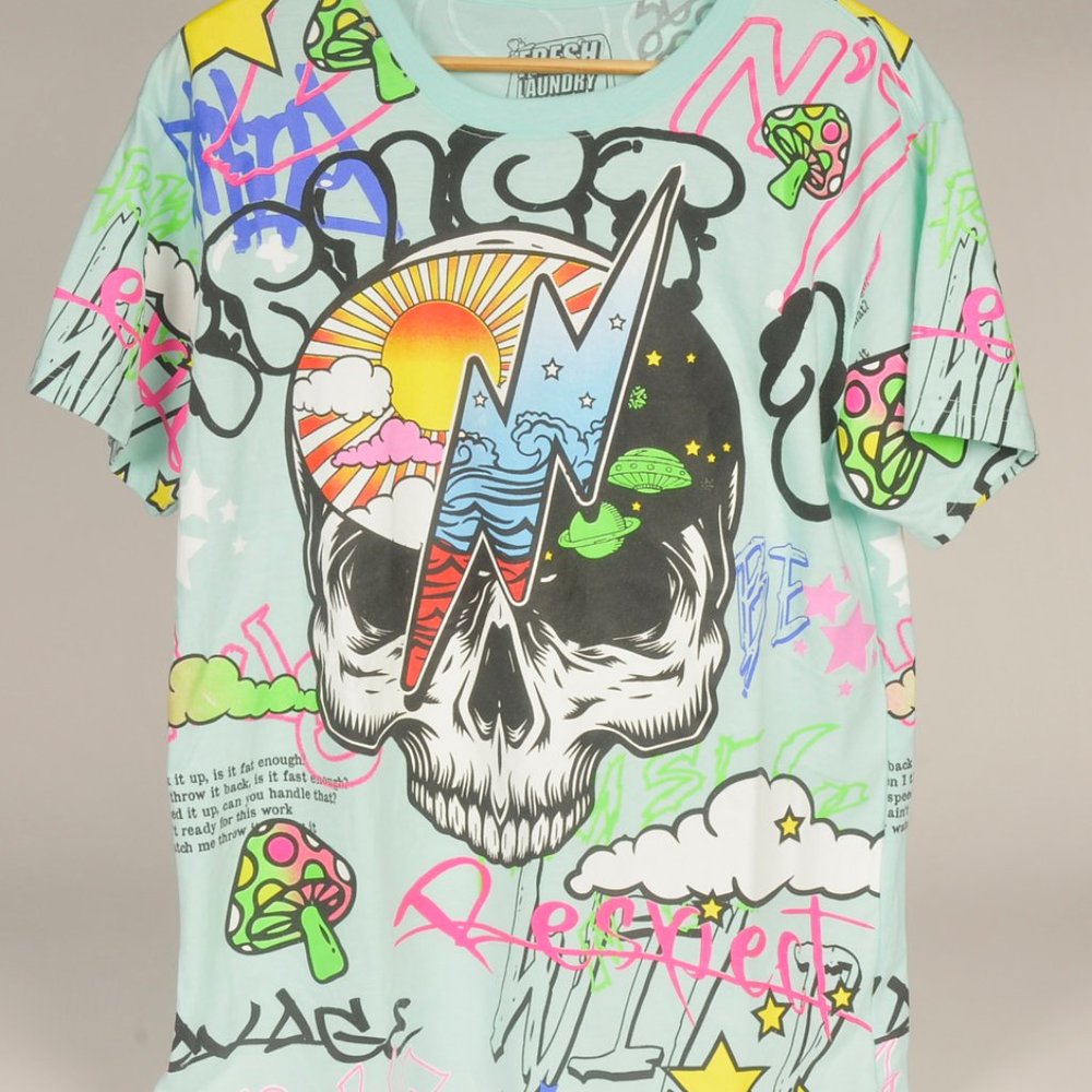 Fresh Laundry, Teal T-Shirt, Mens, Graffiti, Skull, Size L